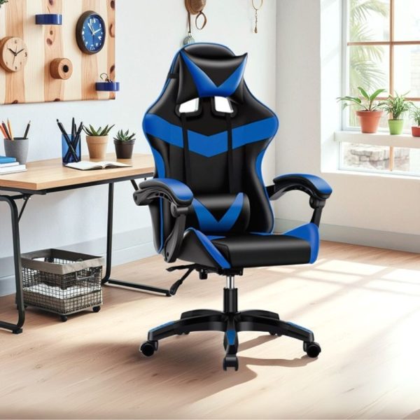 Sedia da ufficio Gaming con schienale alto e imbottitura in PVC colore nero con dettagli blu