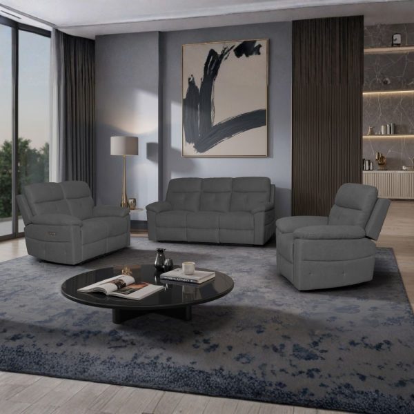 Set divani Kayde 2 e 3 posti e poltrona recliner elettrici in tessuto Mia 103-27 grigio scuro