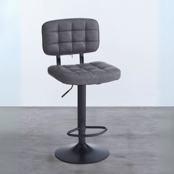 Sgabello Mavi con seduta e schienale in ecopelle grigio e gamba in metallo nero