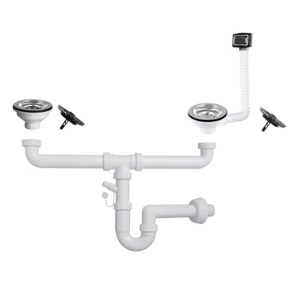 Sifone a 2 vie per lavelli in quarzo con pilettone eco e troppopieno rettangolare con griglia inox