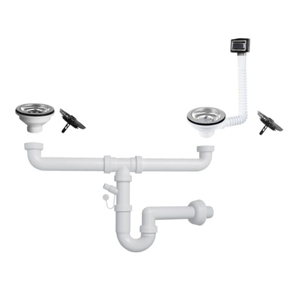 Sifone per lavelli a 2 vie con pilettone eco con attacco lavastoviglie