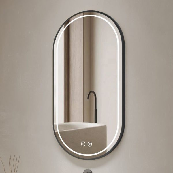 Specchio smart ovale YJ-2004BL con cornice nera in acciaio inox satinato 90x60 cm.
