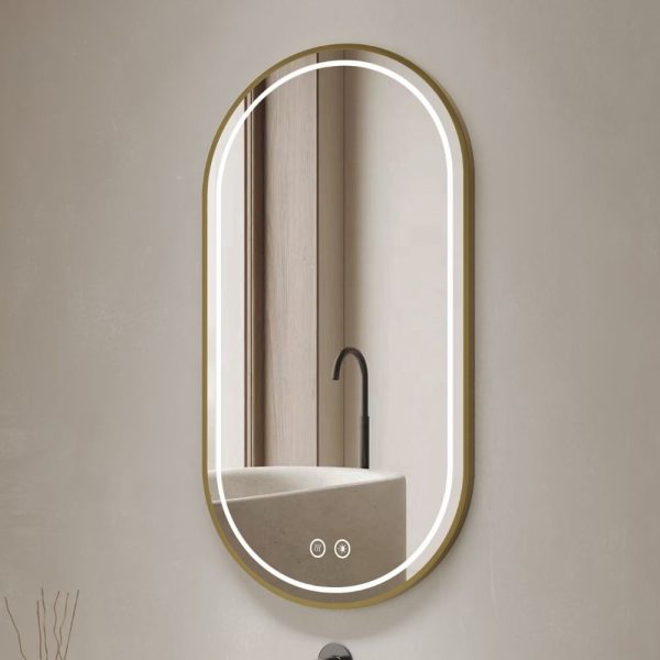 Specchio smart ovale YJ-2004ORO con cornice oro in acciaio inox satinato 90x60 cm.