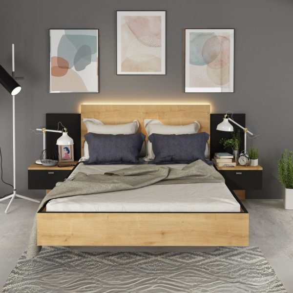 Struttura letto alla francese 1517 con comodini integrati colore rovere e nero