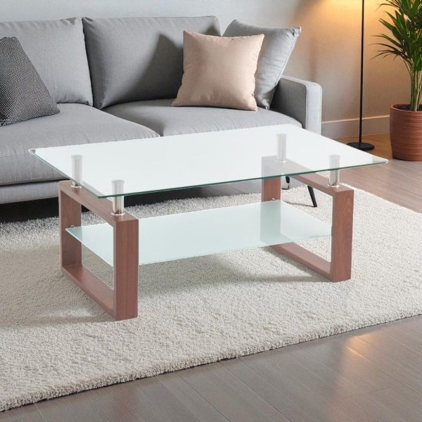 Tavolino Tally con doppio piano in vetro temperato e gambe effetto legno noce