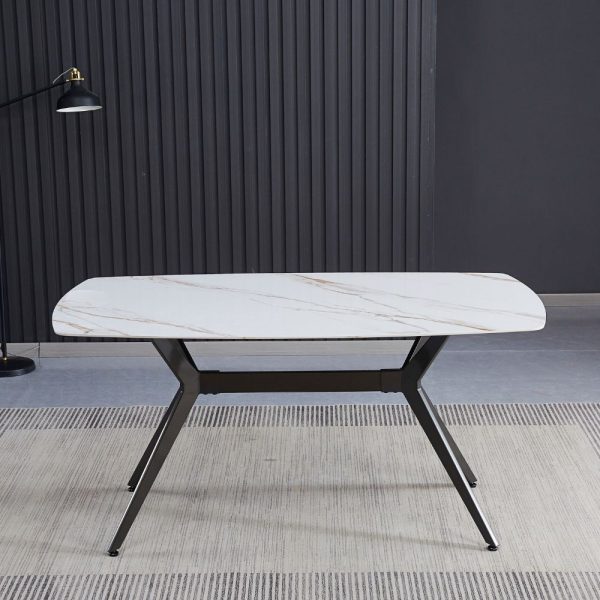 Tavolo fisso Callista con piano in ceramica effetto marmo bianco lucido