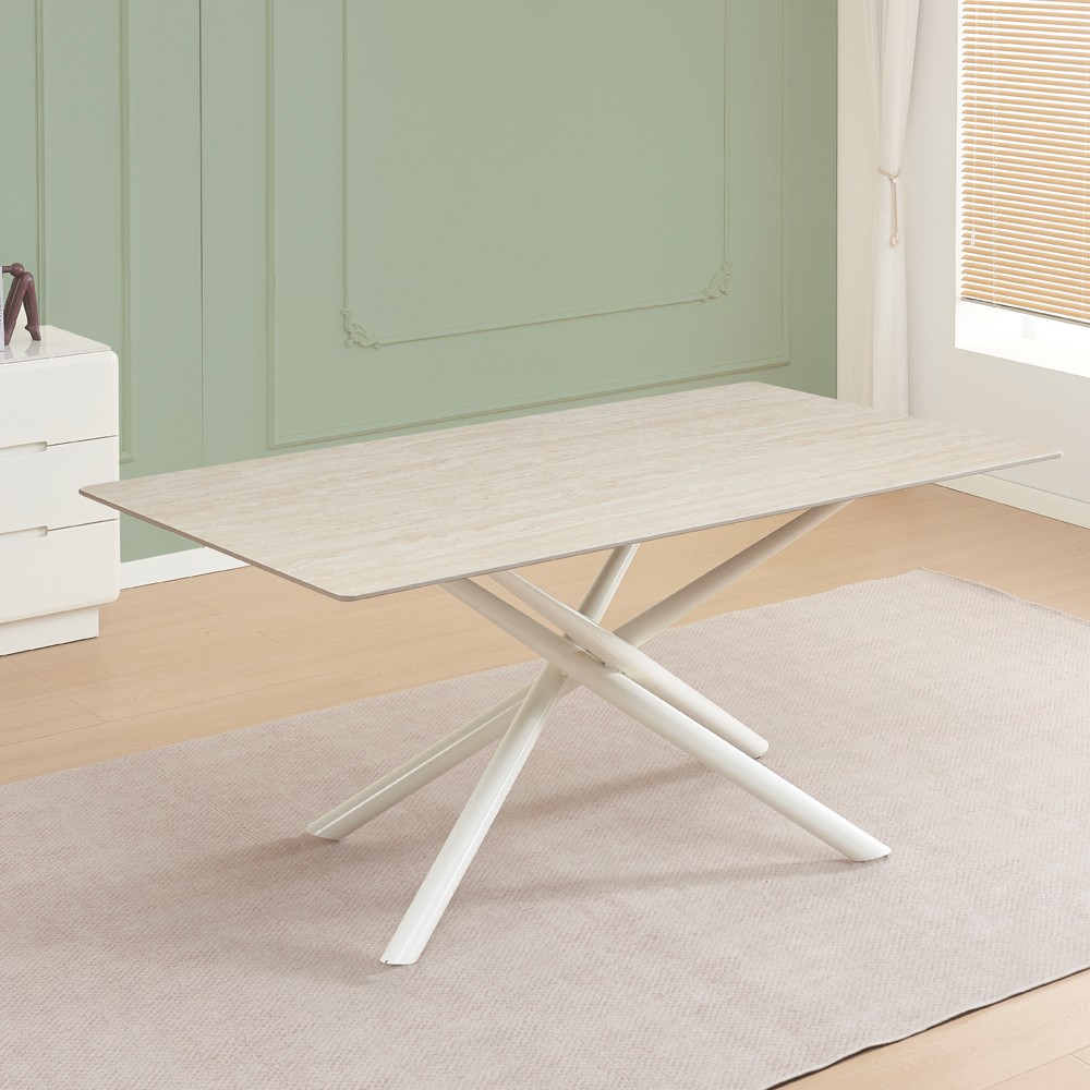 Tavolo fisso Corveo con piano colore travertino e struttura in metallo bianco