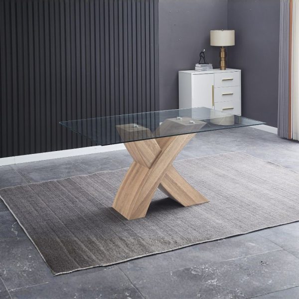 Tavolo fisso Duncan con piano in vetro e gambe incrociate rovere WD03