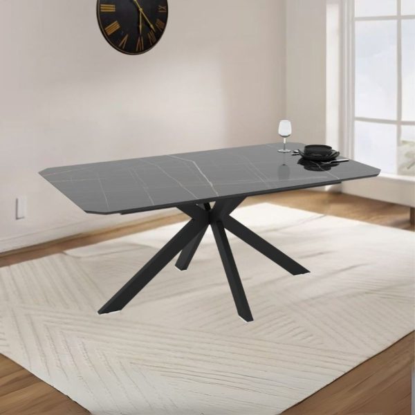 Tavolo fisso Opera con piano effetto marmo nero gold lucido e struttura in metallo nero