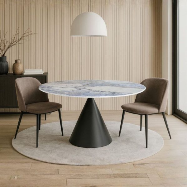 Tavolo fisso Punto con piano effetto marmo con dettagli blu D150xH76 cm.