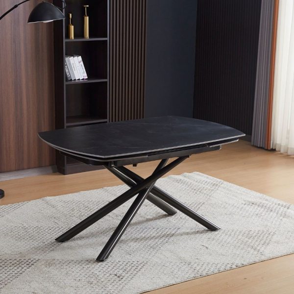 Tavolo girevole automatico allungabile Astrid con piano in ceramica effetto marmo nero opaco con gambe colore nero