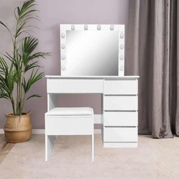 Toeletta Aurora 5 cassetti con sgabello e specchio con led colore bianco lucido