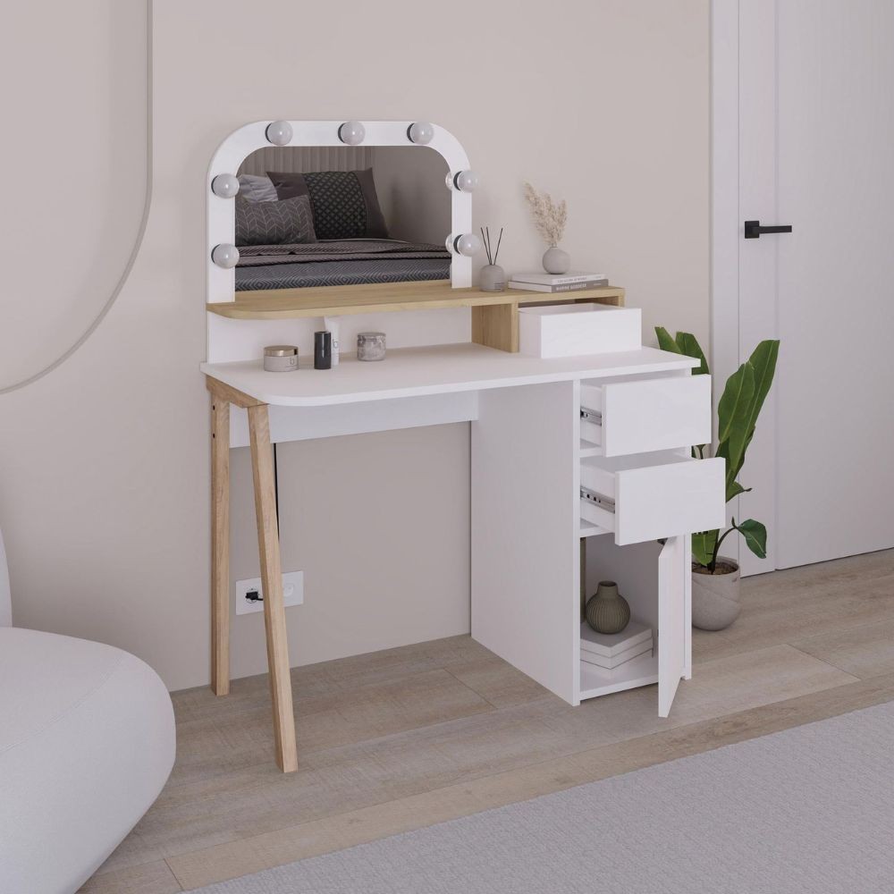 Toeletta Avien con specchio con cornice luci LED colore bianco e rovere - immagine 2