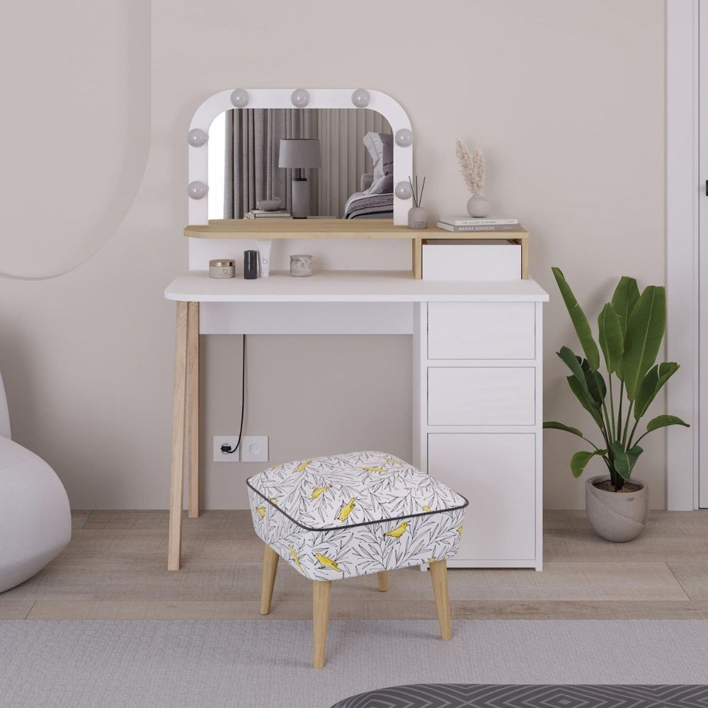 Toeletta Avien con specchio con cornice luci LED colore bianco e rovere - immagine 3