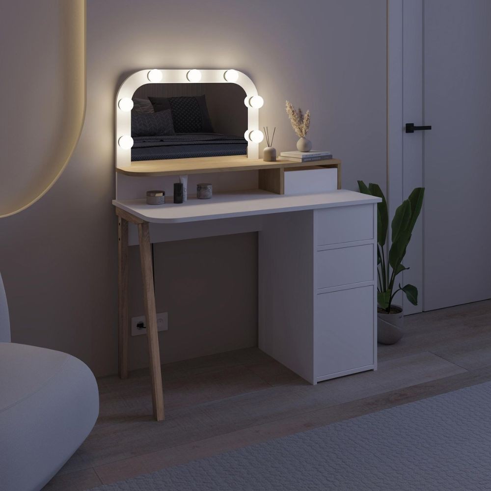 Toeletta Avien con specchio con cornice luci LED colore bianco e rovere - immagine 5