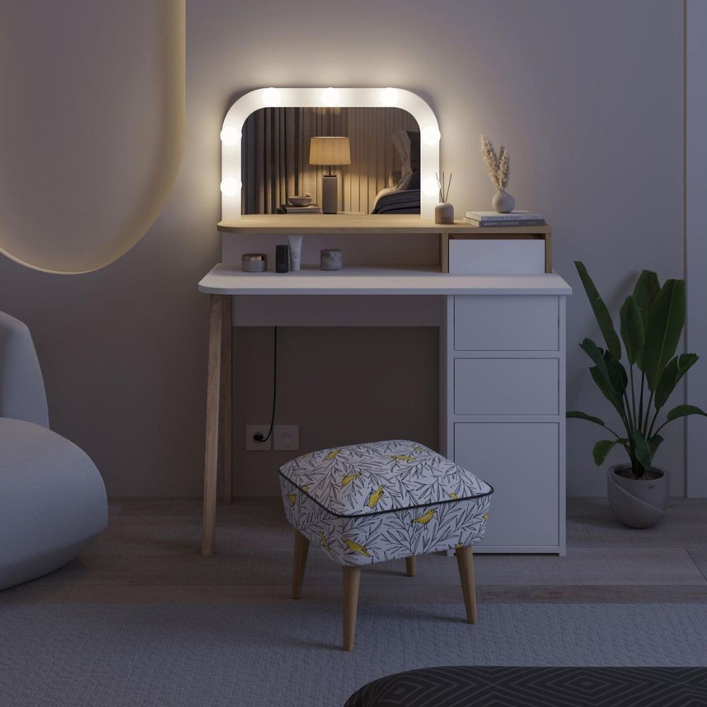 Toeletta Avien con specchio con cornice luci LED colore bianco e rovere - immagine 6