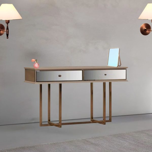 Toeletta Eliza con 2 cassetti e gambe in metallo colore vizon cream e particolari oro