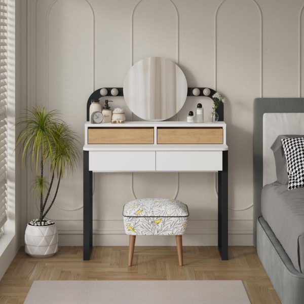 Toeletta Lora con 4 cassetti luci a LED e specchio colore bianco e rovere