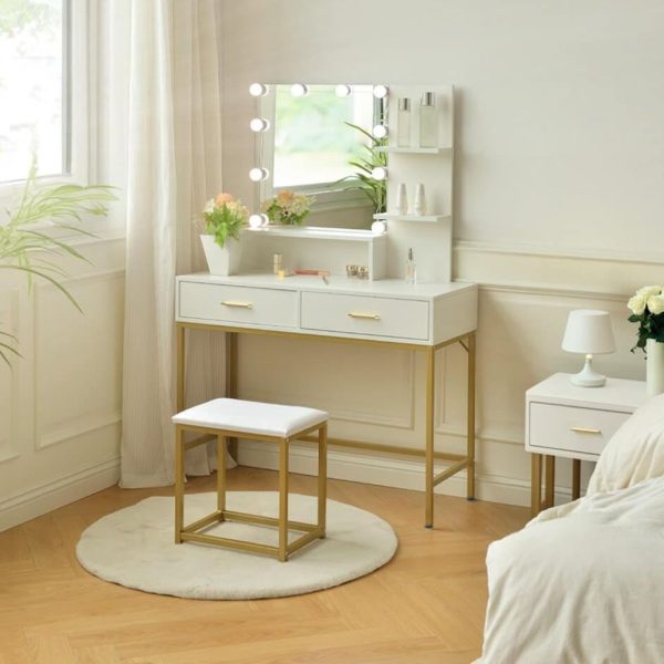 Toeletta Lunar con sgabello e specchio con LED colore bianco e struttura oro