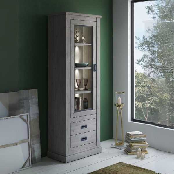 Vetrina Anthony23 con anta a vetro e due cassetti colore ancona oak stile shabby