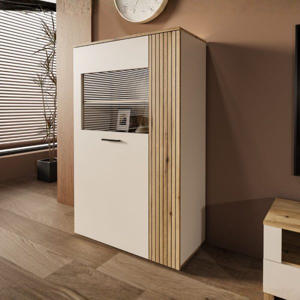 Vetrina Frezo06 con 2 ante con dettaglio a listelli verticali colore cashmere e rovere evoque